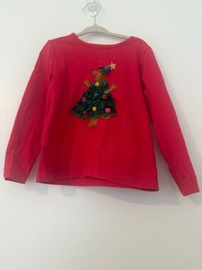Mini Boden Red Long Sleeve Tee with Festive Bear-Tree Applique